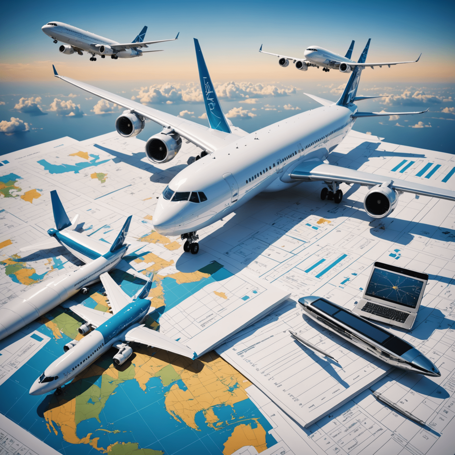 A collage of modern aircraft, financial charts, and innovative airport technologies representing the latest trends in aviation industry