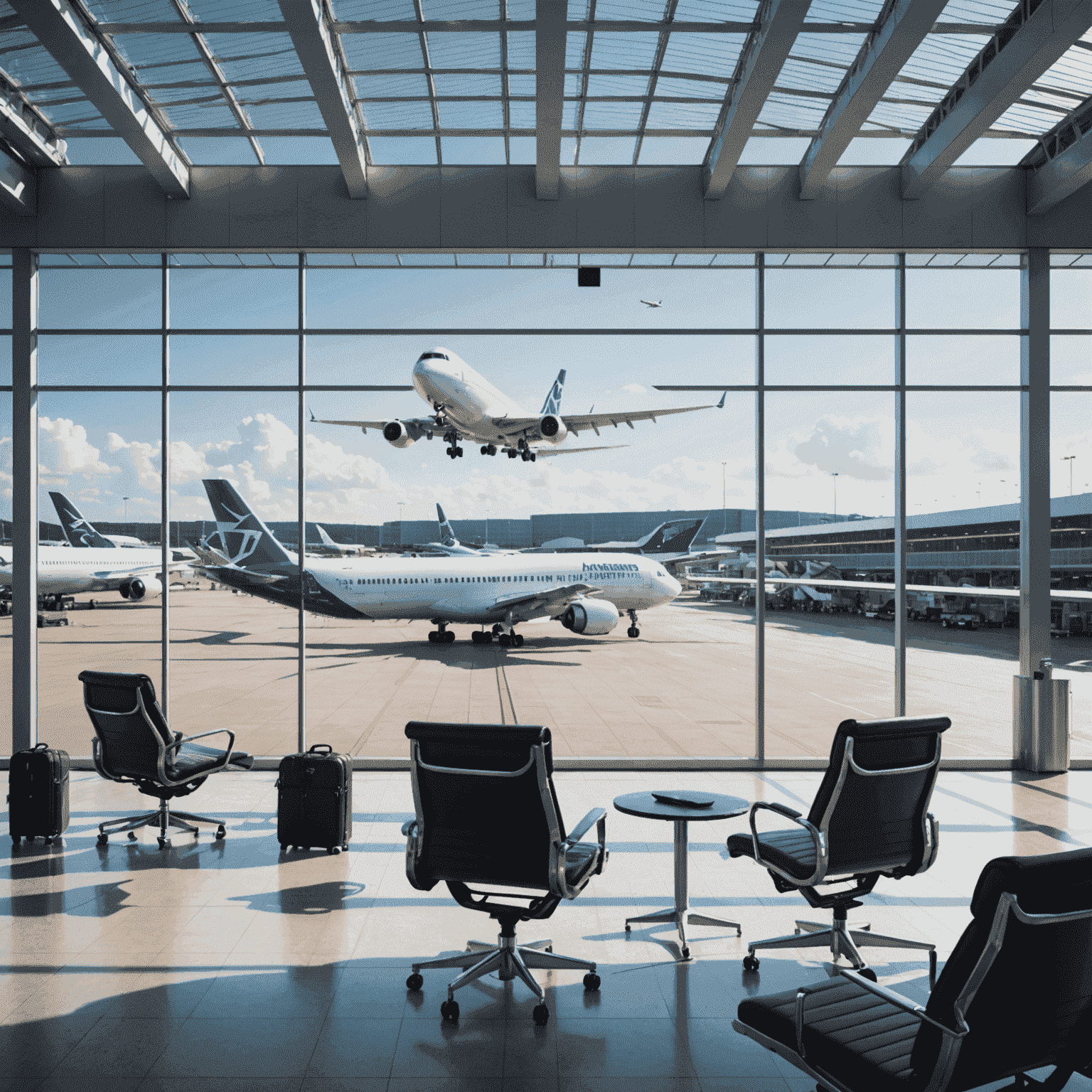 A modern airport terminal with planes taking off in the background, symbolizing the evolving aviation industry