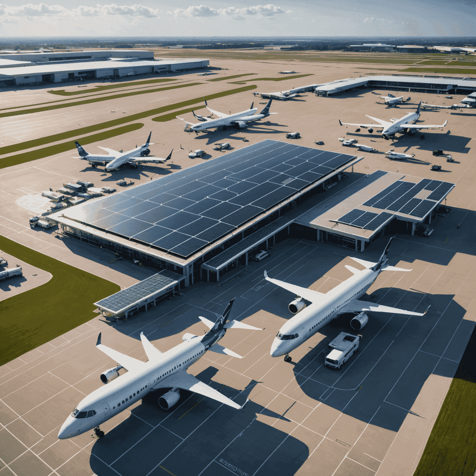 An aerial view of a modern airport with solar panels on terminal roofs and electric vehicles on the tarmac, showcasing sustainable practices in aviation