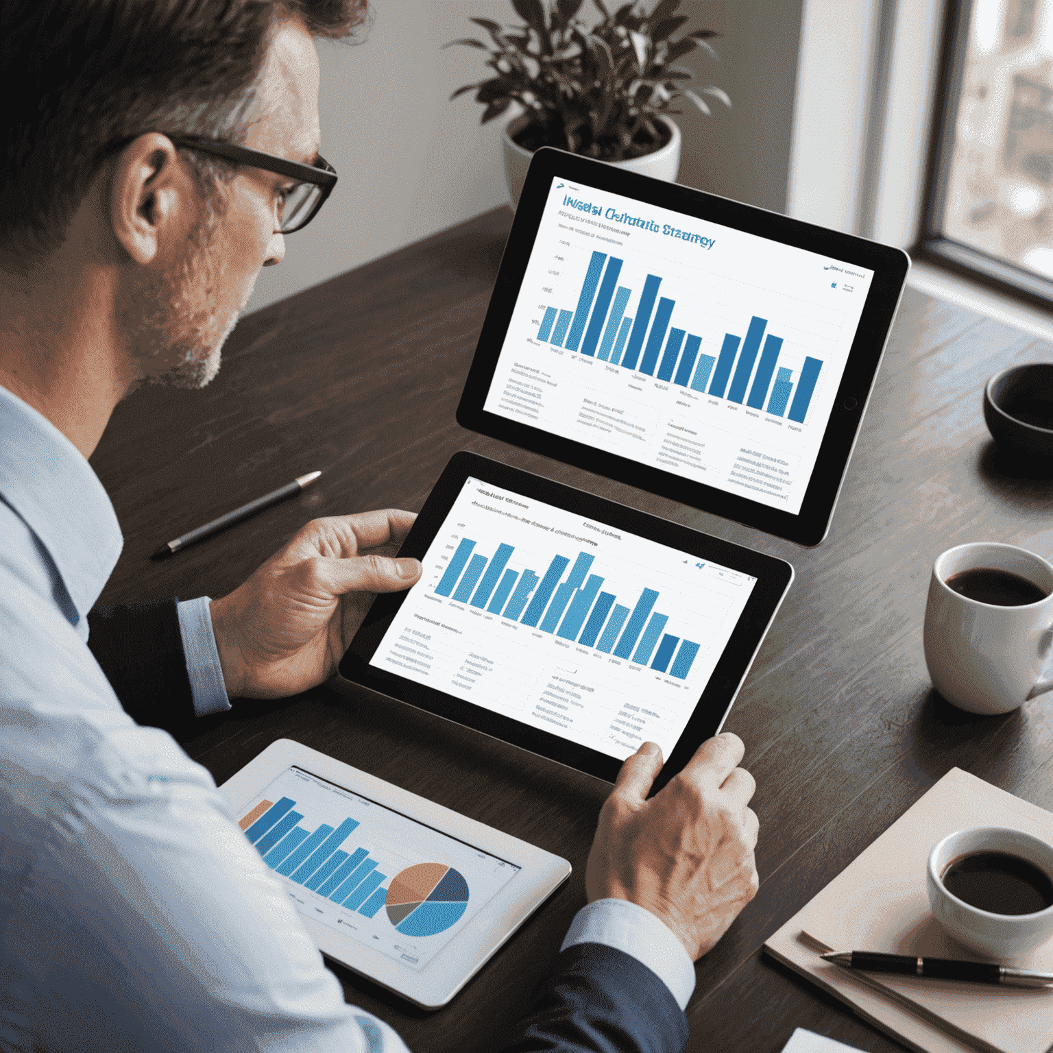 A professional financial advisor discussing investment strategies with a client, using charts and graphs on a digital tablet