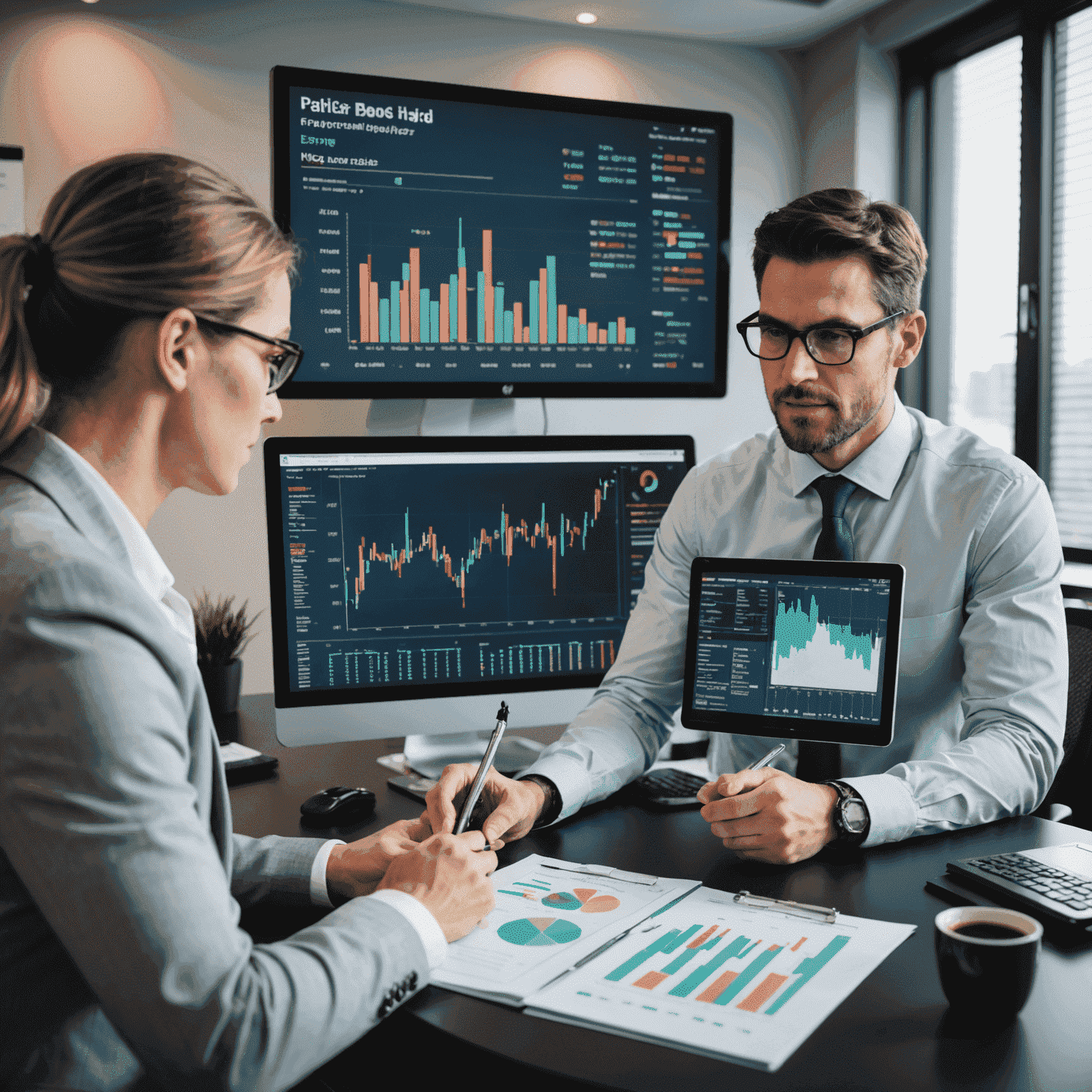 A professional financial advisor discussing investment strategies with a client in a modern office setting. Charts and graphs are visible on screens in the background, illustrating various investment options and market trends.