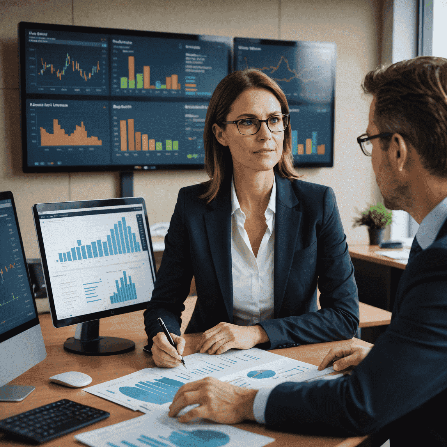 A professional wealth manager discussing financial strategies with a client in a modern office setting. Charts and graphs are visible on screens in the background, illustrating various investment portfolios and market trends.