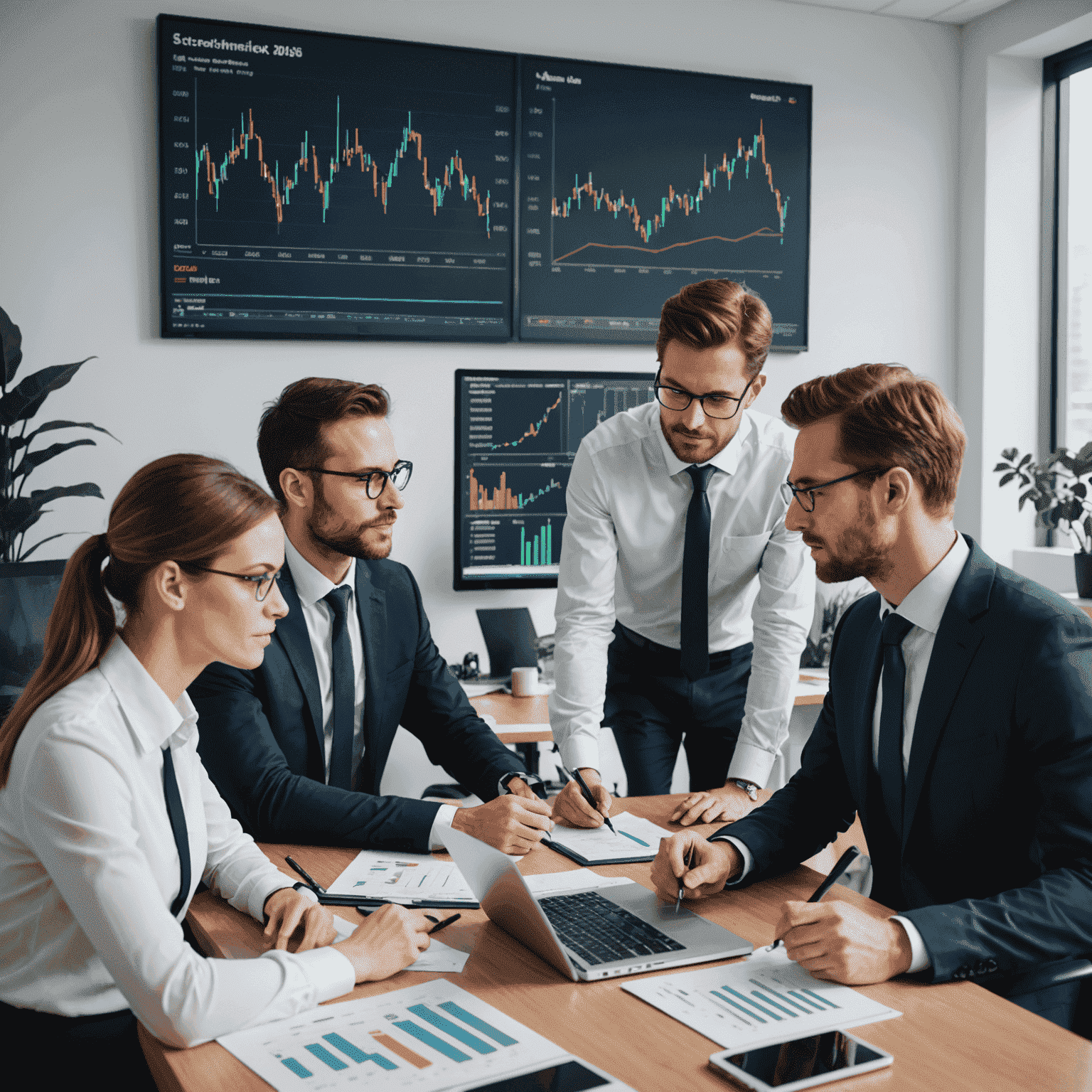 A professional team of financial experts discussing corporate finance strategies in a modern office setting, with charts and graphs displayed on screens in the background