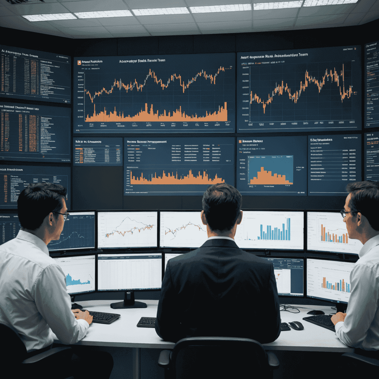 A professional risk management team analyzing financial data and risk factors related to aerodrom finance on large screens and charts