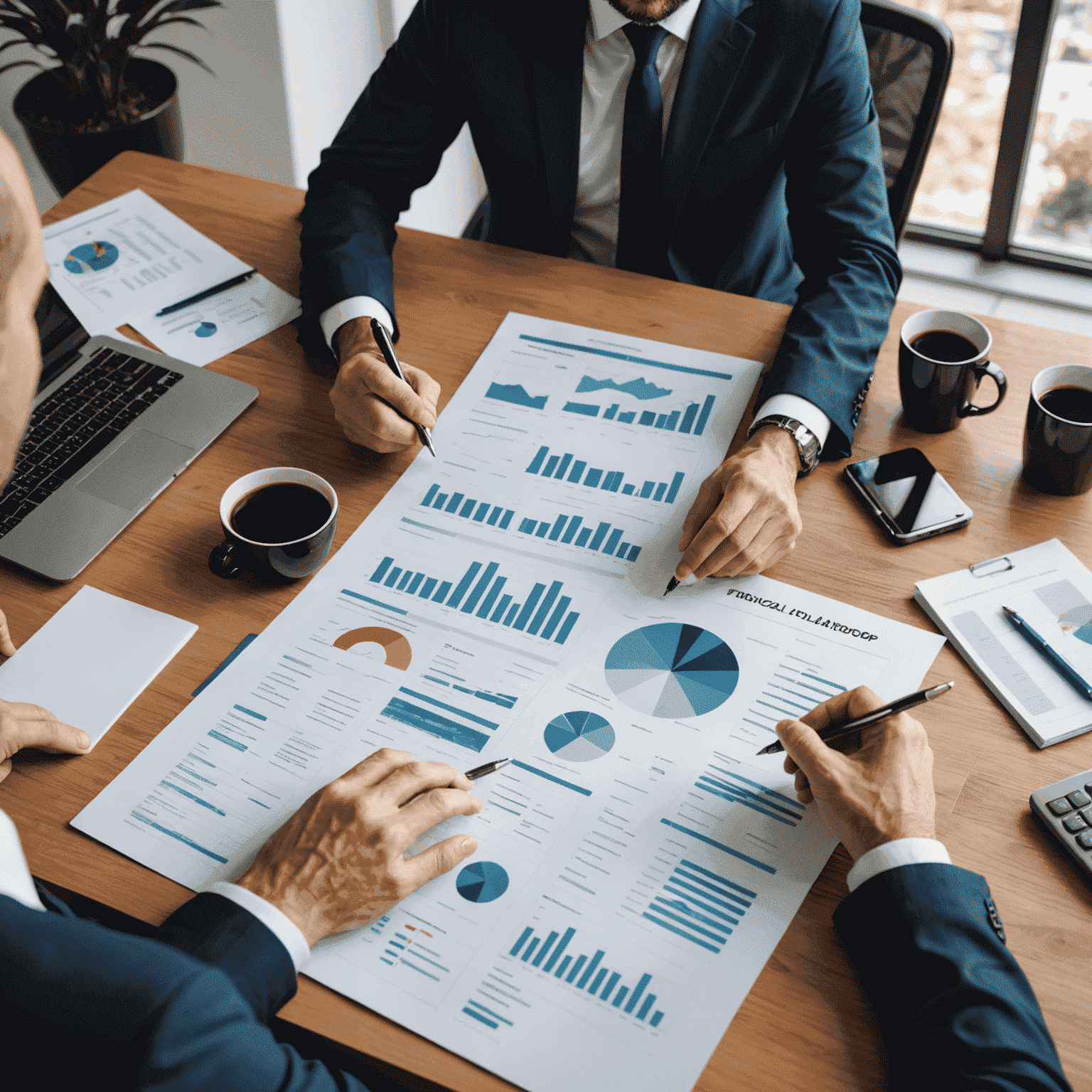 A professional financial planner discussing a personalized financial roadmap with a client. The image shows charts, graphs, and financial documents spread across a modern office desk.