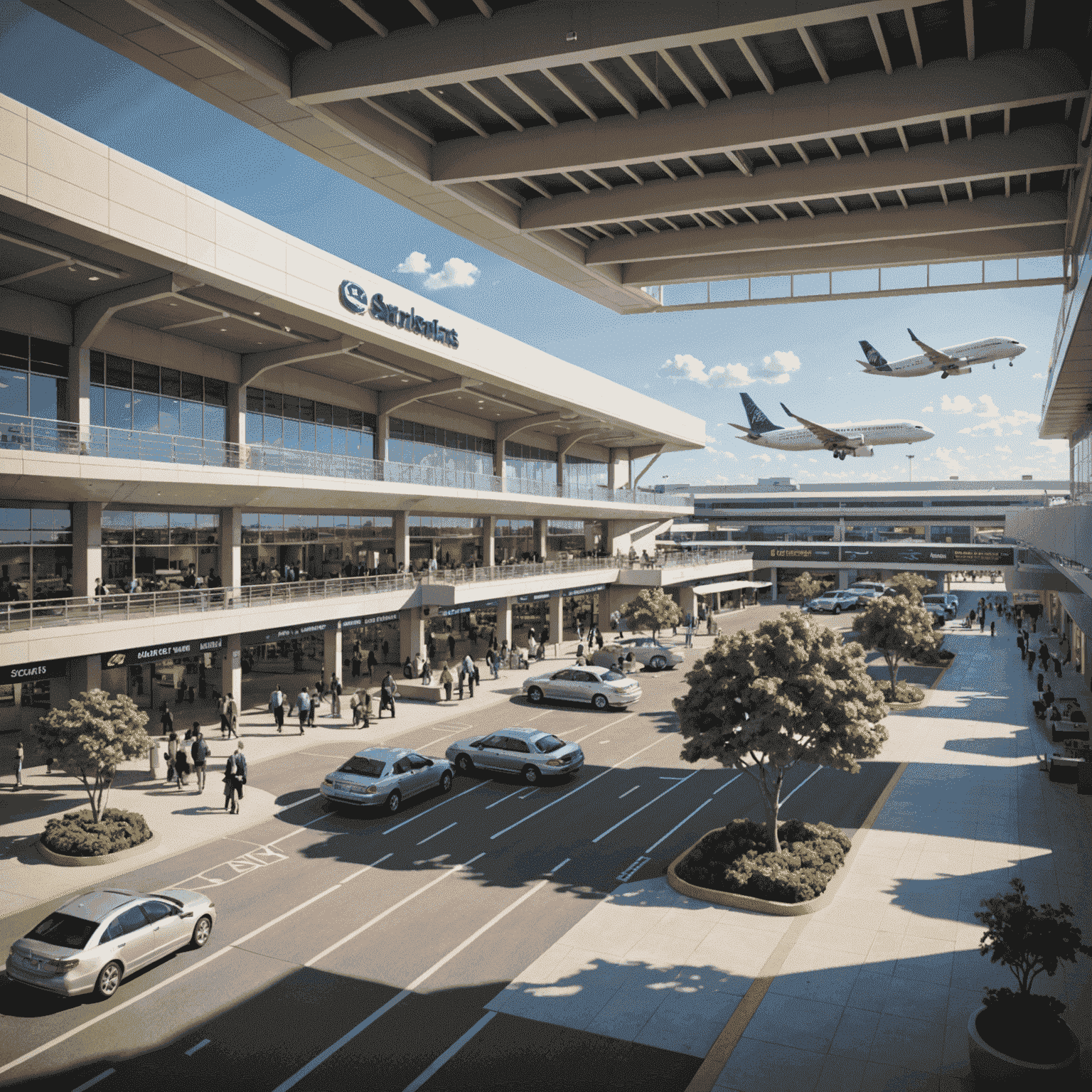 A montage of airport retail spaces, parking structures, and aircraft at gates, illustrating various revenue streams for airports