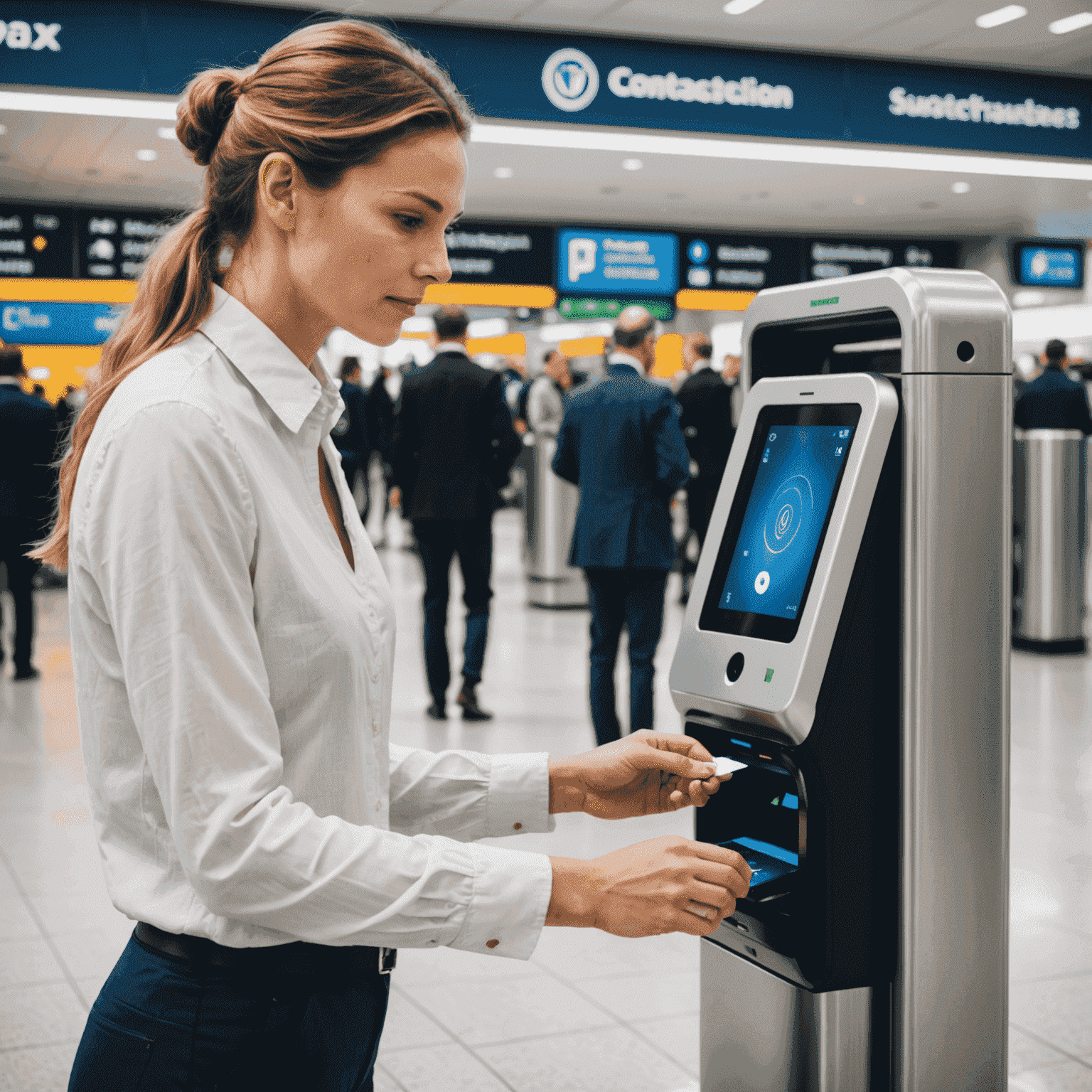 A passenger using a contactless biometric scanner at an airport gate, showcasing modern aviation technology