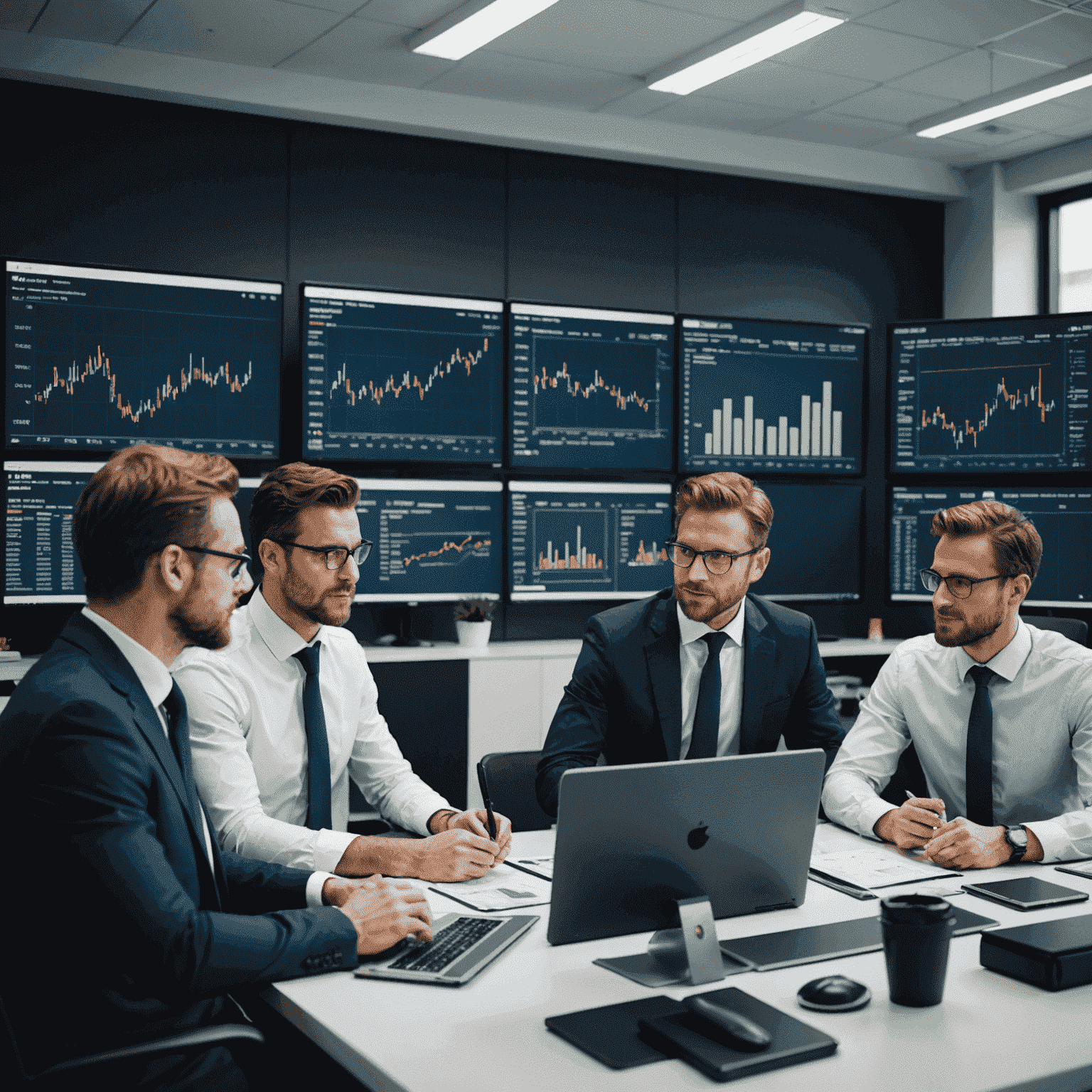 A diverse team of financial experts collaborating in a modern office environment. They are analyzing market data on large screens and discussing investment strategies.