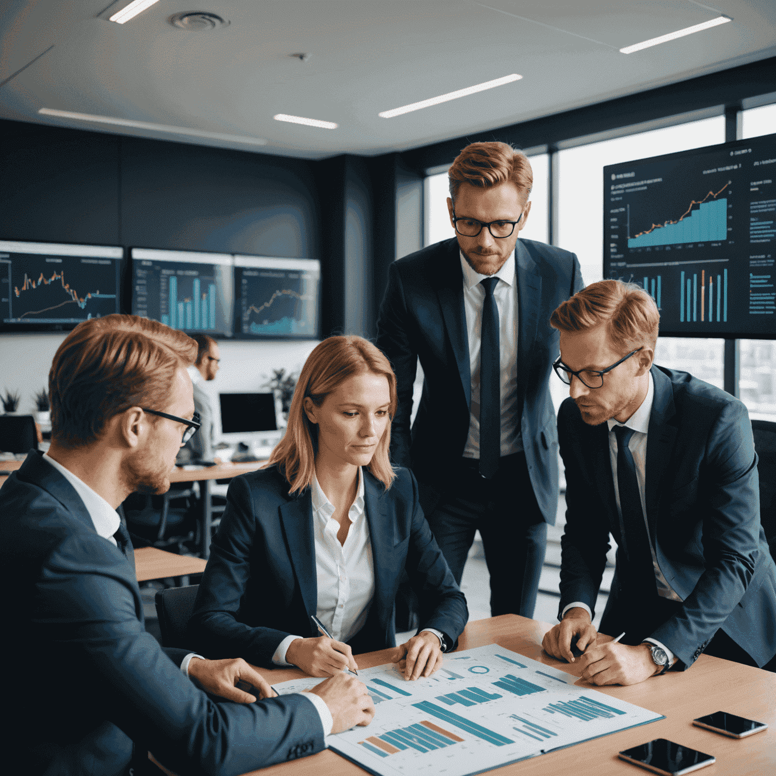 A diverse team of Aerdomfinnke wealth management professionals collaborating in a modern office space. The image shows them analyzing financial data on large screens and discussing strategies, emphasizing teamwork and expertise.