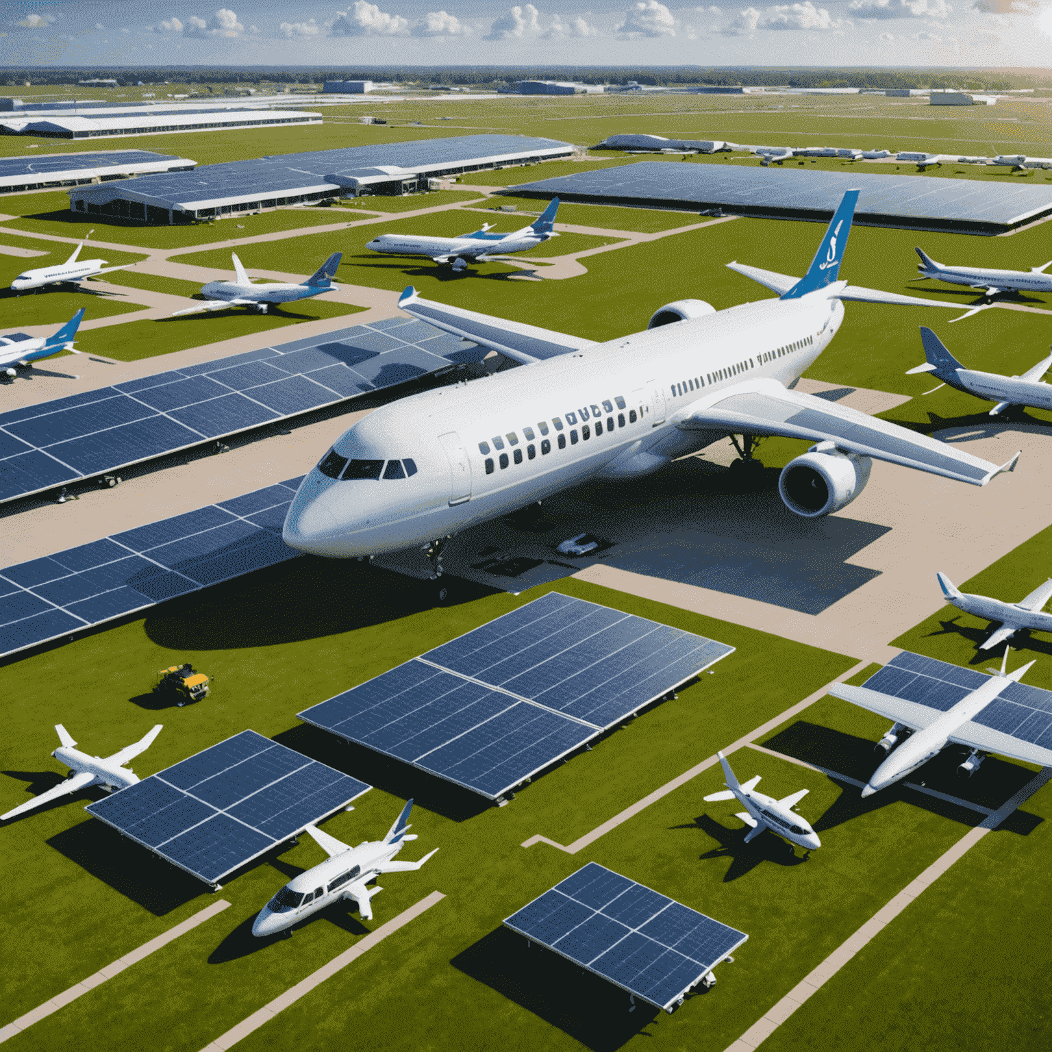 A composite image showing solar panels on airport roofs, electric ground vehicles, and eco-friendly aircraft, representing sustainable practices in aviation