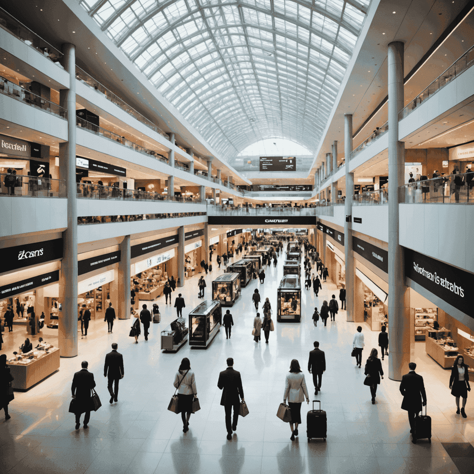 A modern airport shopping area with luxury stores and passengers browsing, illustrating non-aeronautical revenue streams