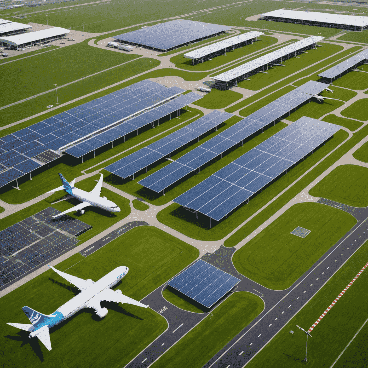 A collage of sustainable initiatives at Amsterdam Airport Schiphol, including solar panels, electric vehicles, and green spaces within the airport