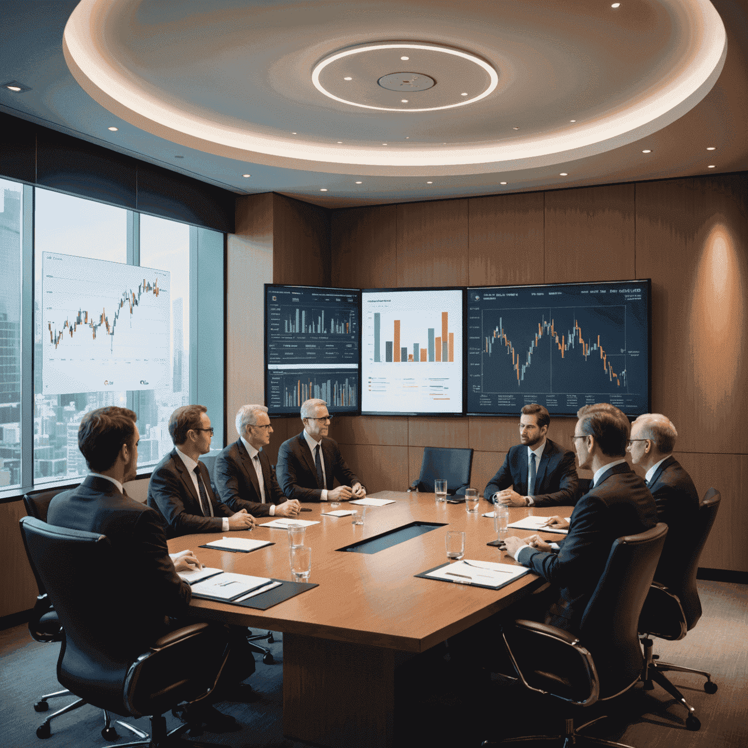 A boardroom meeting with executives discussing corporate finance strategies, with financial charts projected on a screen